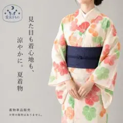 QQ13-58 着物 小紋 夏用 生成 赤 オレンジ 緑 対象身長～154㎝