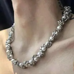 ネックレス パール シルバー y2k チェーン グランジ ステンレス 男女兼用