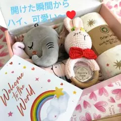 出産祝い お楽しみ９点セット　編みぐるみガラガラ　スワドル　ラッピングバッグ付き