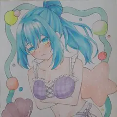 手描きイラスト 色紙 オリジナルキャラクター 水着 - メルカリ
