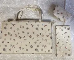 和装バッグ　三点セット　西陣帯地　品良いベージュ　可憐な手鞠図　収納力　未使用