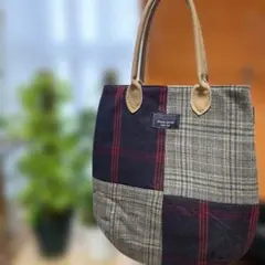 コットンウール　チェック柄　パッチワーク　ふんわりトートバッグ　持ち手レザー
