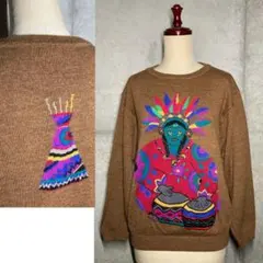 80s〜90s 民族調 インディアン刺繍セーター ヴィンテージ古着 カラフル