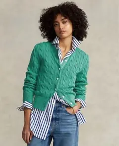 希少 ラルフローレン 太ケーブルニット コットンカーディガン グリーン Mサイズ