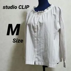 studio CLIP フリル襟 ストライプブラウス コットン100 長袖 M