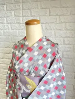 【美品】アンティーク単衣小紋 チェック普段着物 レトロモダン大正ロマン北欧 正絹