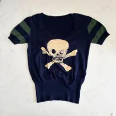 【希少】ヴィヴィアンウエストウッド スカル×オーブ刺繍 ボーダー袖 ニット 紺