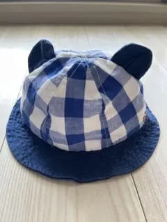 クマ耳付き青白チェック　バケットハット　子供用帽子　46cm 0〜1.5歳