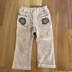 ベージュ コーデュロイパンツ 花柄刺繍