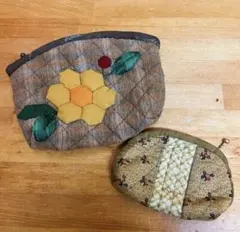 【2個セット】パッチワーク ポーチ キルティング ハンドメイド 黄色 花 葉