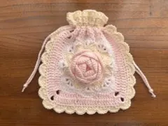 ハンドメイド　かぎ針編み　バラモチーフの巾着