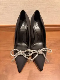 ZARA ビジュー付きリボンヒールパンプス ポインテッドトゥ ブラック 39