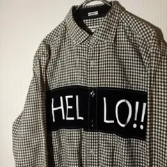 【個性派古着】ギンガムチェック柄 HELLO!! 長袖シャツ　グリーン　希少　M