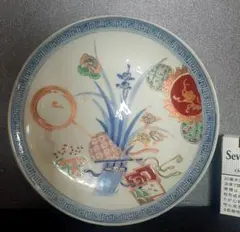 【上作品】江戸時代後期　古伊万里　染錦　蘭　菊花　蔵の鍵　鷺図　扇　吉祥文様　皿