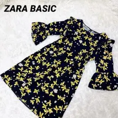 ザラベーシック　ZARA BASIC　七分袖　花柄ワンピース　黄花　ネイビー　Sのサムネイル