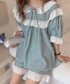 DAY CLOSET レディース　ガーリーチェック　レースフリル半袖　ワンサイズ