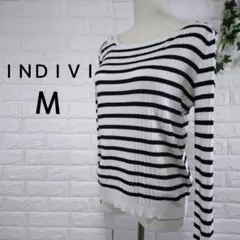 [美品]ＩＮＤＩＶＩ/ストライプリブ編み長袖トップス/38サイズ/Ｍ