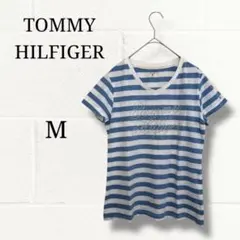 トミーヒルフィガー Vネック Tシャツ Mサイズ ボーダー ラインストーンロゴ