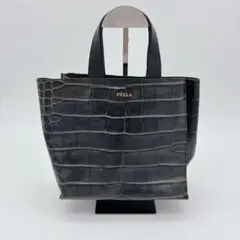 FURLA フルラ クロコダイル型押し　牛革　レザー ハンドバッグ　ブラック