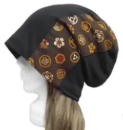 ハンドメイド◆和柄[家紋柄]ルーズワッチキャップ◆コットンニット／ブラック