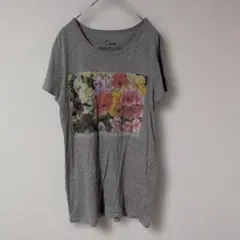 ロンT【М】半袖　フラワー　プリント　グレー　夏　カジュアル