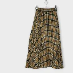 チェック フレアスカート ロング ライトブラウン S相当 ウール混 総ゴム