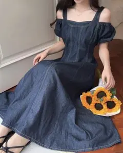 ダークデニム オフショルダー ロングワンピース SHEIN