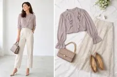 【美品】ノーリーズ フリルブラウス ベージュ きれいめ 長袖のサムネイル
