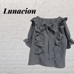 Lunacion ギンガムチェック　ブラウス　フリル　リボン　半袖　Lサイズ　黒