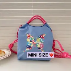 【新品】【ショルダー付】ボールアンドチェー蝶刺繍エコバッグ ブルー　ミニ