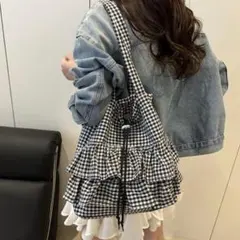 訳あり❗️トートバッグ ギンガムチェック フリル マザーズバッグ 白黒チェック柄