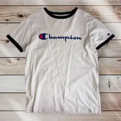 【チャンピオン】リンガーTシャツ 刺繍ワッペン ロゴプリント メンズM 白×紺