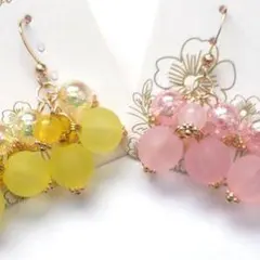 ハンドメイド ビーズ ピアス イエロー ピンク