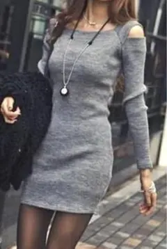 新品　未使用　匿名配送　グレー オフショルダー ミニワンピース 長袖　シンプル