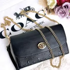 美品☆COACHコーチ チェーン お財布ショルダー シグネチャー ブラック