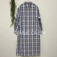 COMME CA ISM ロングシャツワンピース バンドカラー チェック 大きい