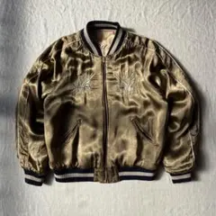 【雰囲気抜群】スカジャン 豪華刺繍 レーヨン カーキ ピンクベージュ 鷹 龍