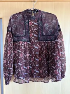 【ZARA】花柄シースルーブラウス 長袖 赤紫色