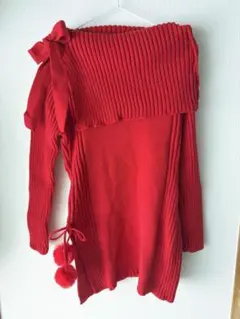 オフショルダー 赤 ニット リボンワンショルラップリブTシャツ