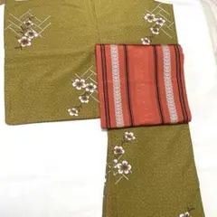 カーキ系?☆裄64着丈154、素材不明、袷 単品