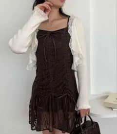 NICE CLAUP ドロストミニキャミワンピース ブラウンレース 茶色