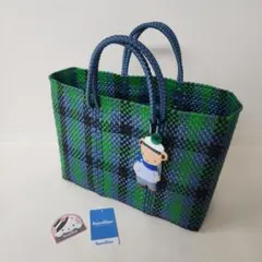 ファミリア　メルカドバッグ　緑　青　チェック　かご　グリーン　ブルー