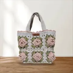 手編み★薔薇★モチーフ編み★グラニースクエア★コットンバッグ★