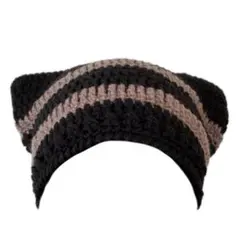猫耳 ニット帽　ベージュ ブラック ハンドメイド Y2K 編み物 ビーニー