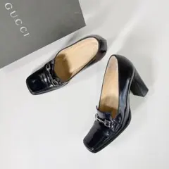 GUCCI グッチ ホースビット レザー スクウェアトゥ パンプス イタリア 黒のサムネイル