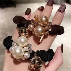 新品　ヘアゴム　パール　ビジュー　ブラック　コーヒー　2種セット