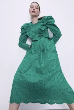 新品☆ZARA ザラ パフスリーブワンピース グリーン M