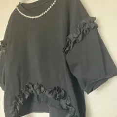 首元パール　フリル　カットソー　半袖　ラッフル　フリフリ　上品　ヘムフリル