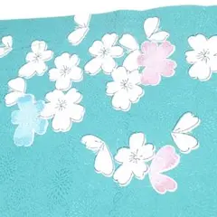 桜の花柄ターコイズブルー生地　ハギレ　はぎれ　きもの　和服　和装