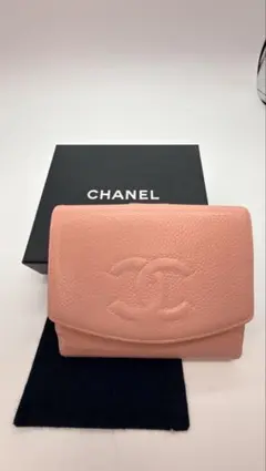 CHANEL ライトピンク系　二つ折り財布　ココマーク　キャビアスキン